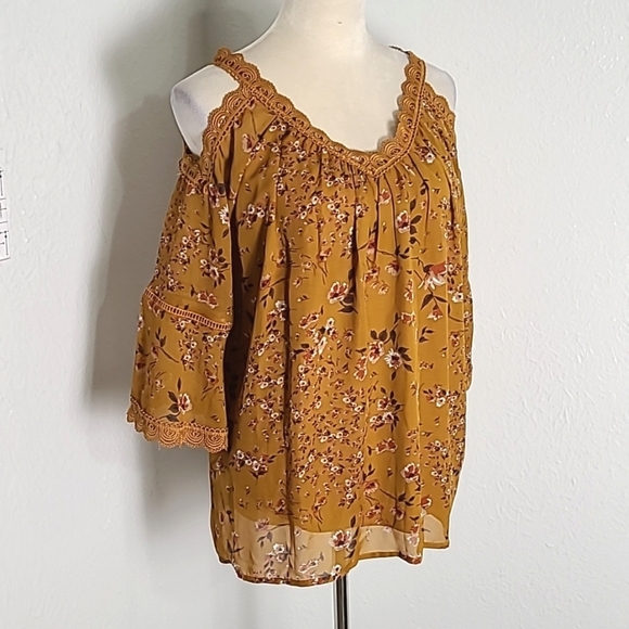 Knit Works Gold Floral Cold-Shoulder Top, Lace Embroidered Accents Girls Large - Picture 2 of 11